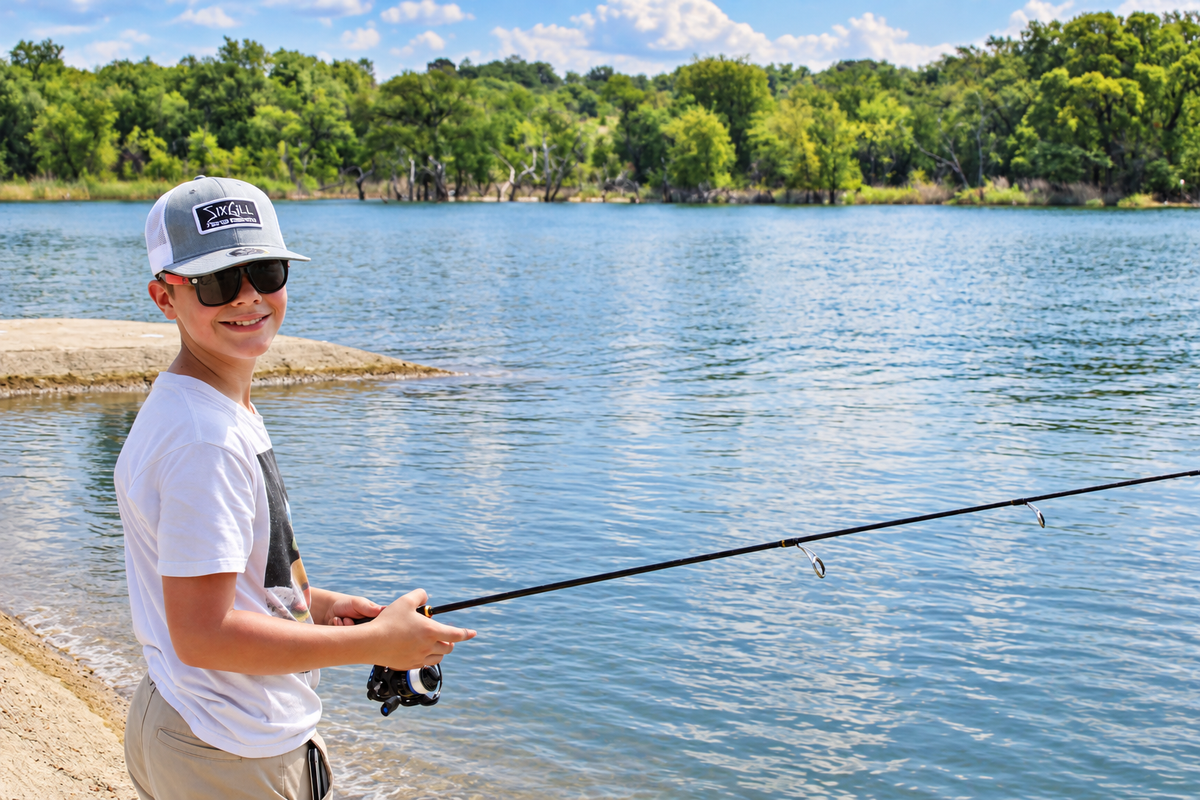 A young boy wearing a white t-shirt, khaki shorts, a white cap, and sunglasses stands on a sandy lakeshore holding a fishing rod, with a large body of blue water and a green forest in the background.