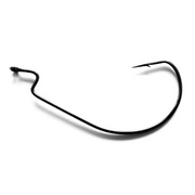 A single black fishing hook with a curved shape, shown on a plain white background.