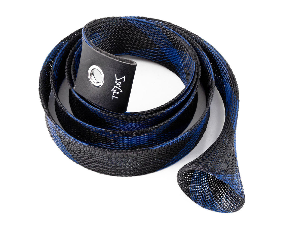 A blue and black checkered rod sock designed to fit fishing rods, displayed with a visible Sixgill brand tag.